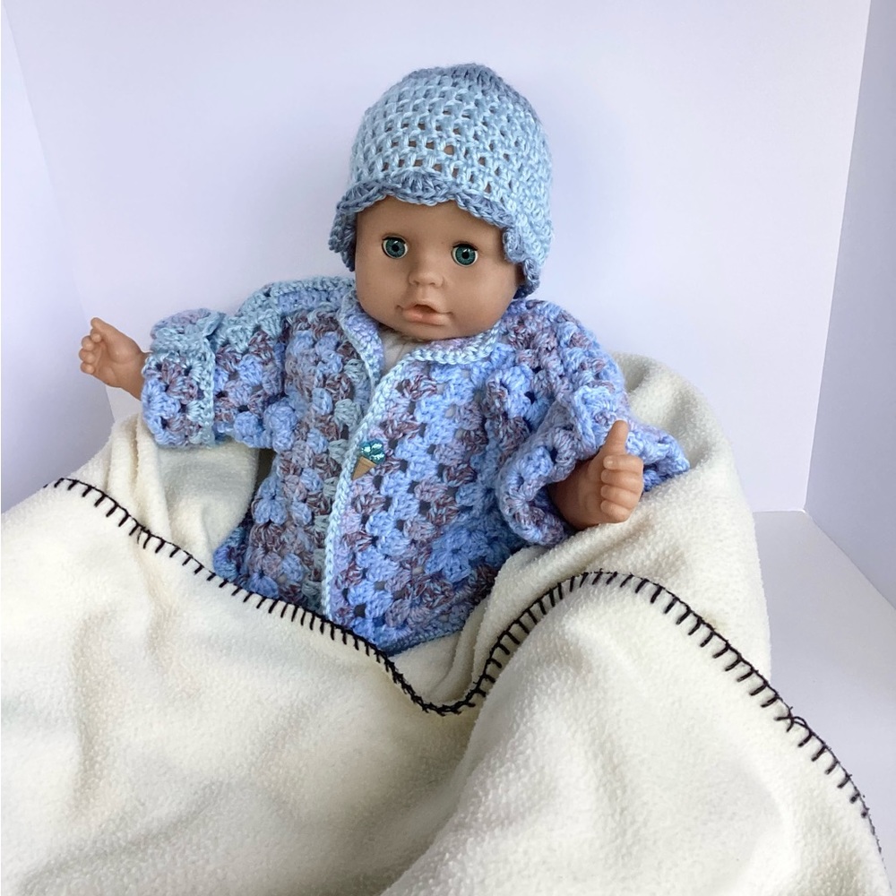 Sweater Beanie Hat Set Hand Crafted Baby Blue Tan Kimono Crochet
